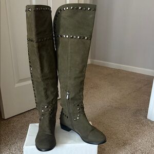 Studded Olive Knee-High Boots